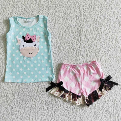 GSSO0088   Girls Embroidered Bull Head Green Sleeveless Pink Plaid Shorts Set