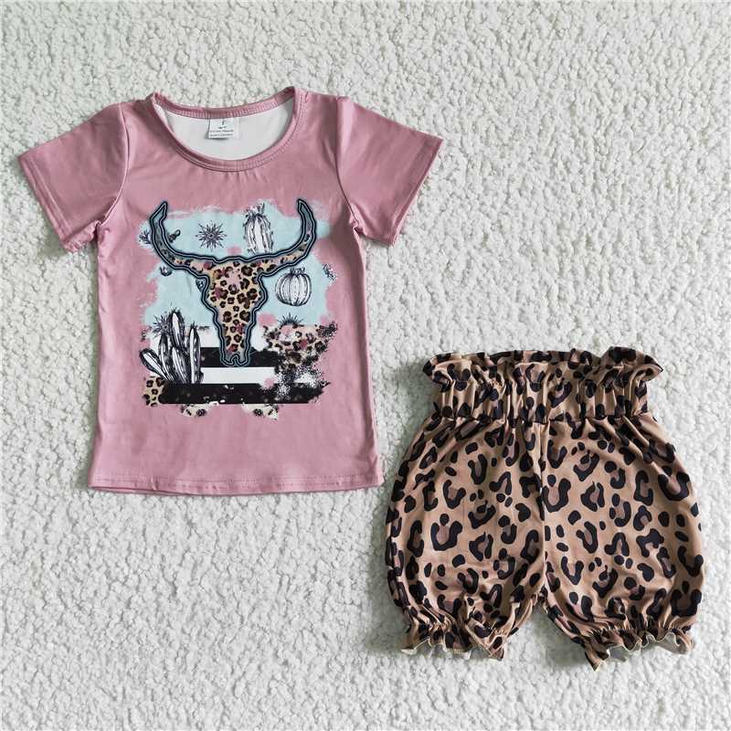 GSSO0089   Girls Pink Leopard Bull Head Short Sleeve Shorts Set