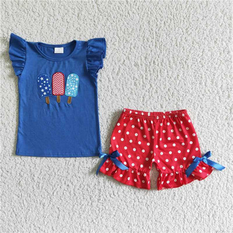 GSSO0090   Girls' National Day Embroidered Popsicle Flying Sleeves Bow Knot Shorts Set