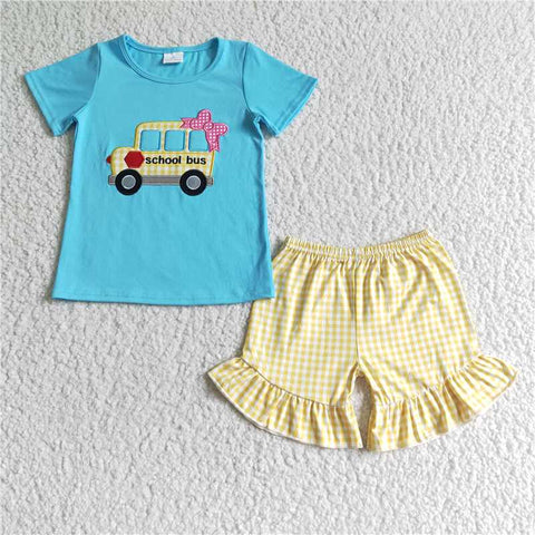 GSSO0093   Girls Blue Embroidered Car Short Sleeve Yellow Lace Shorts Set