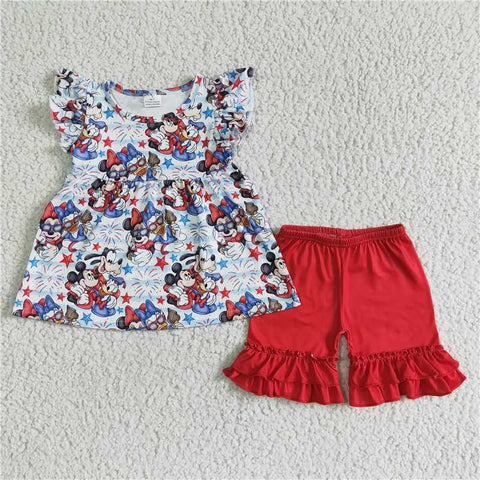 GSSO0094   Girls Cartoon Flying Sleeves Red Lace Shorts Set