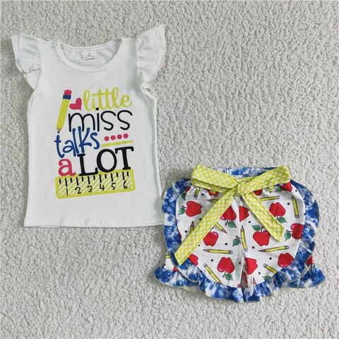GSSO0095Girls white miss letter flying sleeve apple bow shorts suit