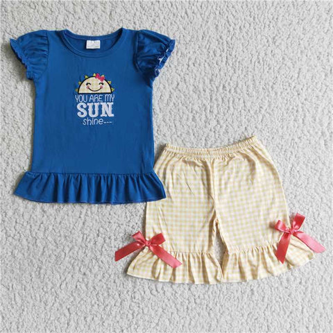 GSSO0096   Girls Embroidered SUN Sun Puff Sleeve Yellow Butterfly Shorts Set