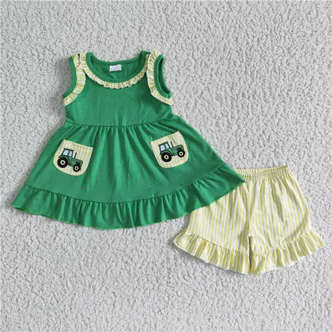 GSSO0097   Girls Green Car Pocket Sleeveless Yellow Lace Shorts Set