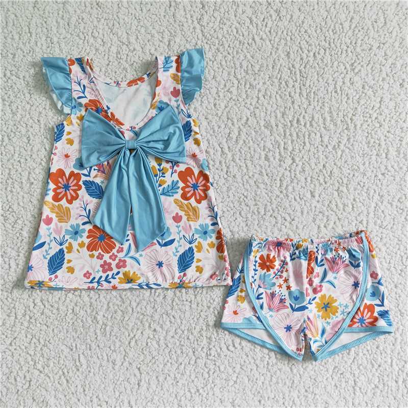 GSSO0098   Girls Blue Bow Flower Flying Sleeve Shorts Set
