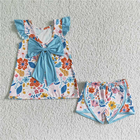 GSSO0098   Girls Blue Bow Flower Flying Sleeve Shorts Set