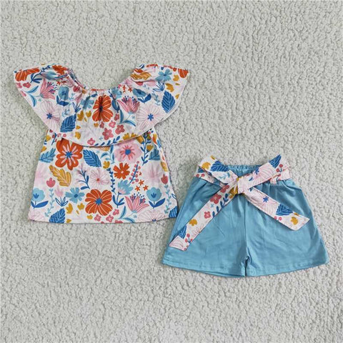 GSSO0099   Girls Floral Off Shoulder Bow Blue Shorts Set