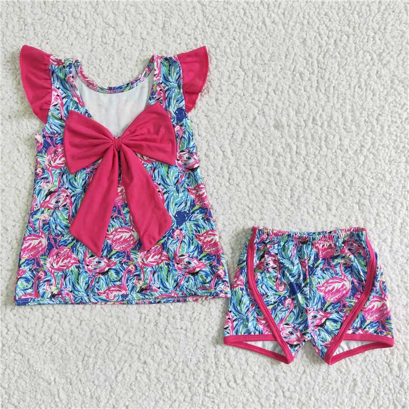 GSSO0100   Girls Rose Red Bow Flower Flying Sleeve Shorts Set