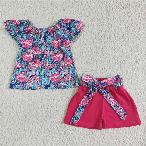 GSSO0101   Girls Flower One Shoulder Bow Rose Red Shorts Set
