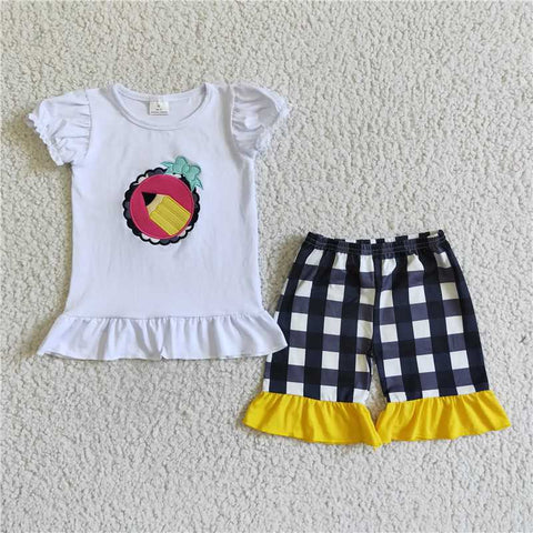 GSSO0102   Girls Embroidered Pencil Short Sleeve Black and White Plaid Lace Shorts Set
