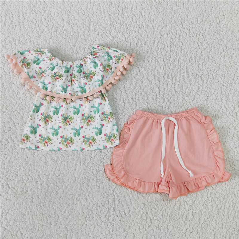 GSSO0103   Girls Cactus Off Shoulder Pink Bow Shorts Set