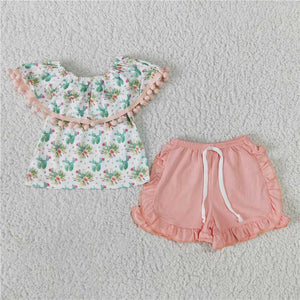 GSSO0103   Girls Cactus Off Shoulder Pink Bow Shorts Set