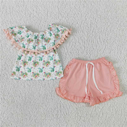GSSO0103   Girls Cactus Off Shoulder Pink Bow Shorts Set