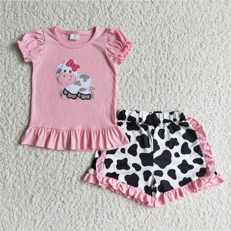 GSSO0105   Girls Pink Cow Short Sleeve Lace Shorts Set