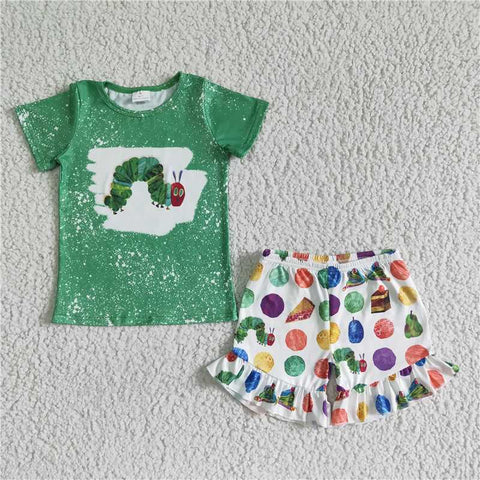 GSSO0108   Girls Green Bug Short Sleeve Shorts Set