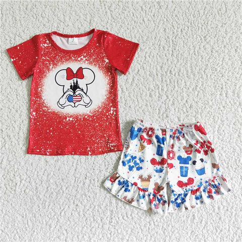 GSSO0110   Girls Red Cartoon Castle Short Sleeve Shorts Set