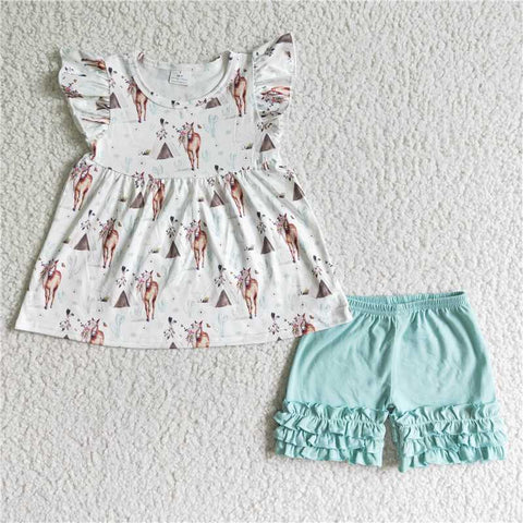 GSSO0111   Girls Horse Cactus Fly Sleeve Shorts Set