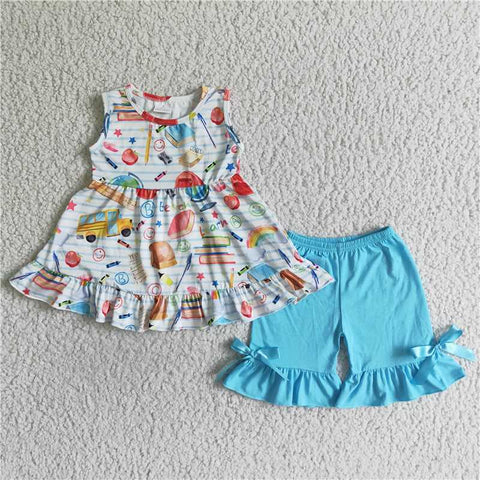 GSSO0112   Girls Back to School Smiley Sleeveless Shorts Set