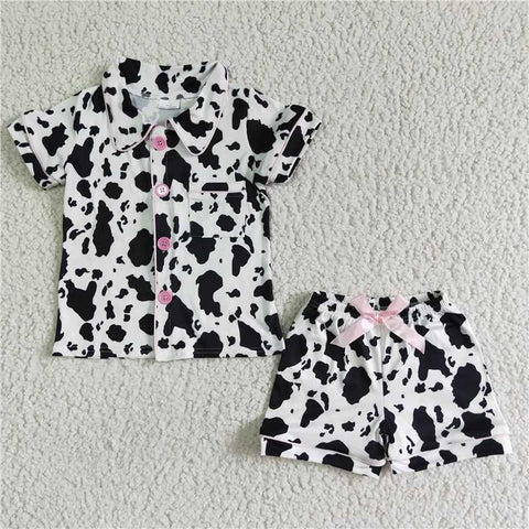 GSSO0113   Girls Cow Print Button Short Sleeve Lace Up Shorts Set