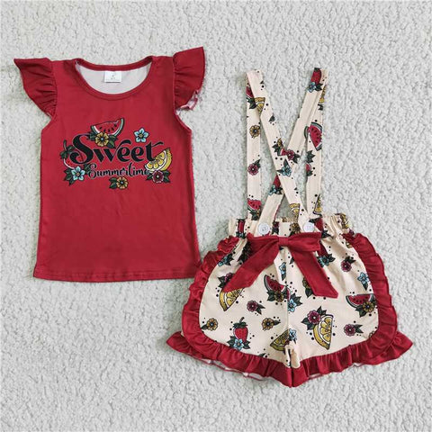GSSO0114   Girls sweet flying sleeve fruit flower bow overalls shorts suit