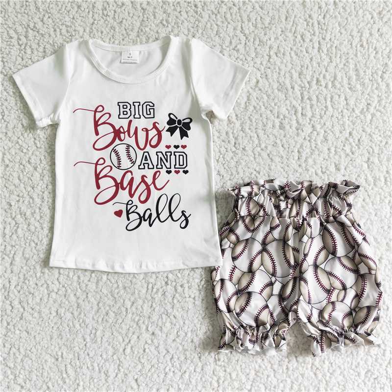 GSSO0115   Girls BIGAND Baseball White Short Sleeve Shorts Set