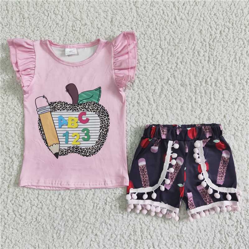 GSSO0116   Girls Leopard Apple Pencil Fly Sleeve Shorts Set