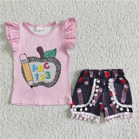 GSSO0116   Girls Leopard Apple Pencil Fly Sleeve Shorts Set