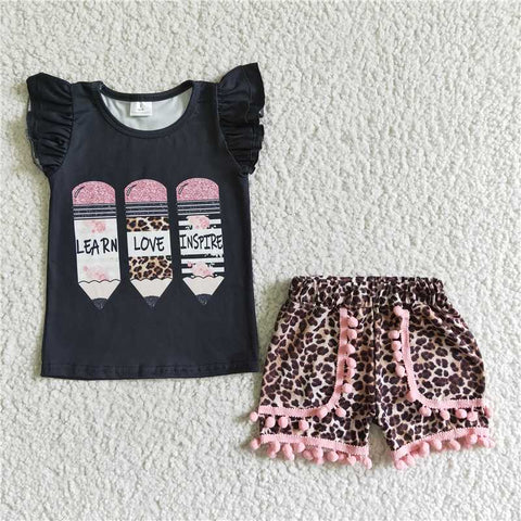GSSO0117   Girls Pencil Black Flying Sleeve Leopard Shorts Set