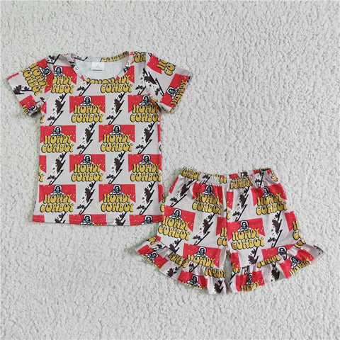 GSSO0119   Girls howdy cowboy cow pattern short-sleeved shorts suit
