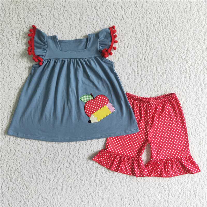 GSSO0120   Girls Blue Embroidered Apple Pencil Flying Sleeves Red Shorts Set