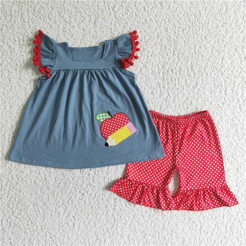 GSSO0120   Girls Blue Embroidered Apple Pencil Flying Sleeves Red Shorts Set