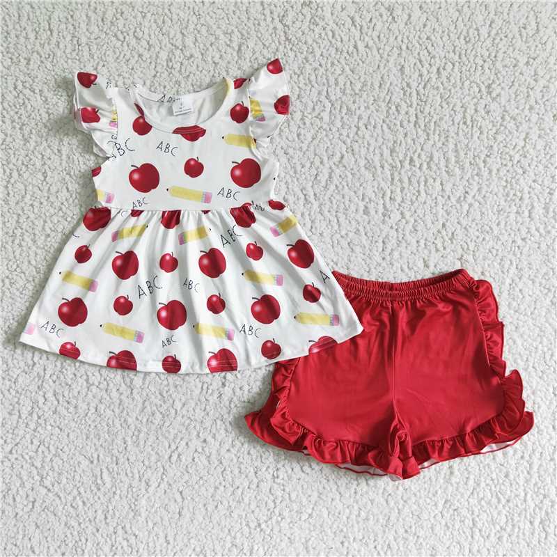 GSSO0121   Girls ABC Apple Pencil Flying Sleeve Red Shorts Set