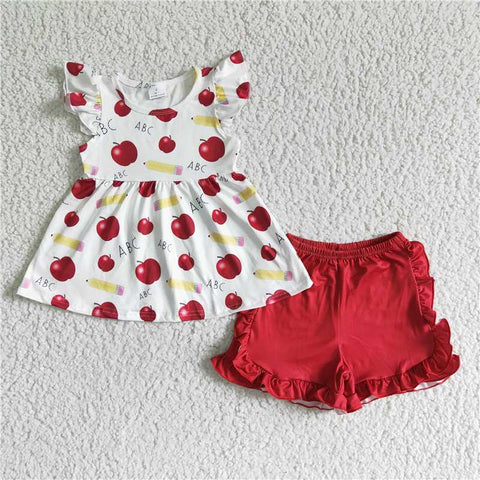 GSSO0121   Girls ABC Apple Pencil Flying Sleeve Red Shorts Set