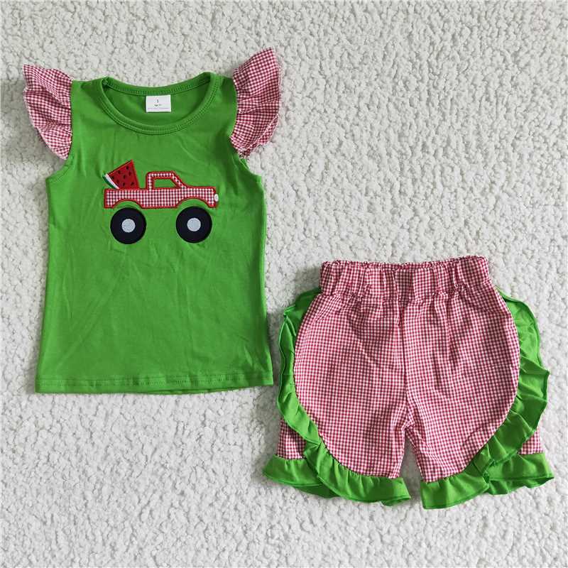 GSSO0122   Girls Car Embroidery Green Flying Sleeves Red Plaid Shorts Set