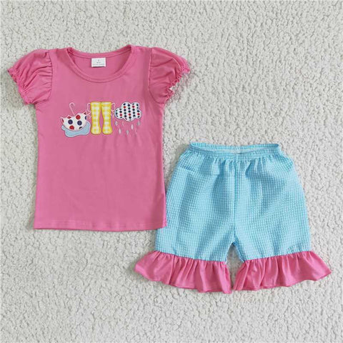 GSSO0123   Girls Embroidered Umbrella Rain Boots Pink Short Sleeve Shorts Set