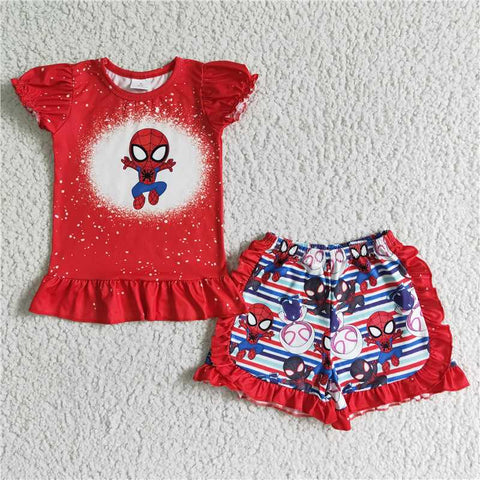 GSSO0124   Girl Cartoon Red Short Sleeve Shorts Set