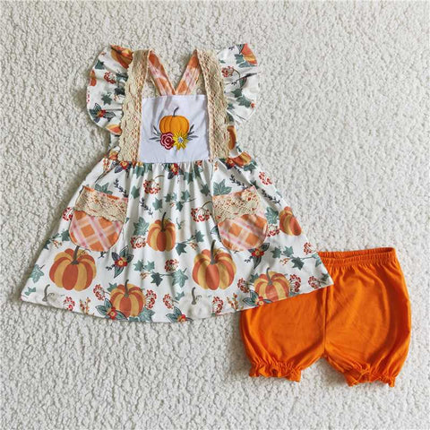 GSSO0125   Girls Embroidered Pumpkin Blossom Pocket Fly-Sleeve Shorts Set