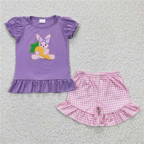 GSSO0126   Girls Embroidered Rabbit Carrot Purple Short Sleeve Shorts Set