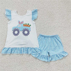 GSSO0127   Girls Rabbit Car Carrot Blue Flying Sleeve Shorts Set