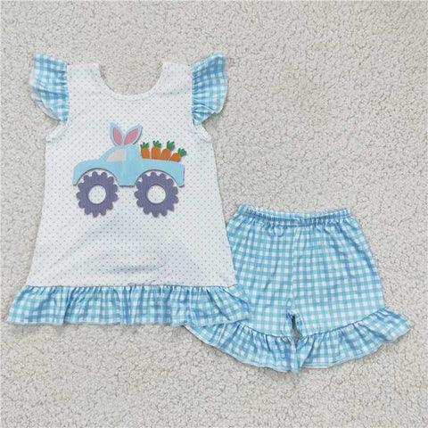 GSSO0127   Girls Rabbit Car Carrot Blue Flying Sleeve Shorts Set