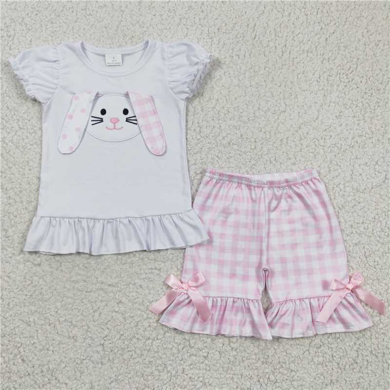 GSSO0128   Girls Embroidered Rabbit White Short Sleeve Pink Shorts Set