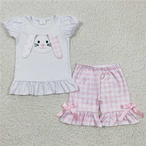 GSSO0128   Girls Embroidered Rabbit White Short Sleeve Pink Shorts Set