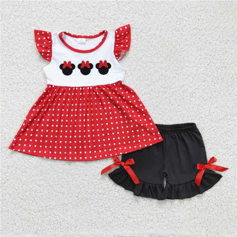 GSSO0130   Girls Embroidered Cartoon Red Flying Sleeve Black Shorts