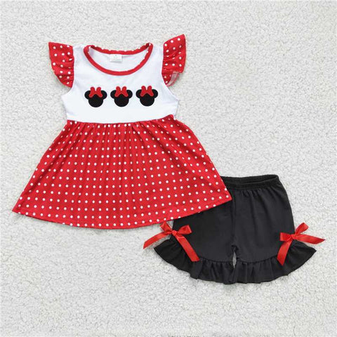 GSSO0130   Girls Embroidered Cartoon Red Flying Sleeve Black Shorts