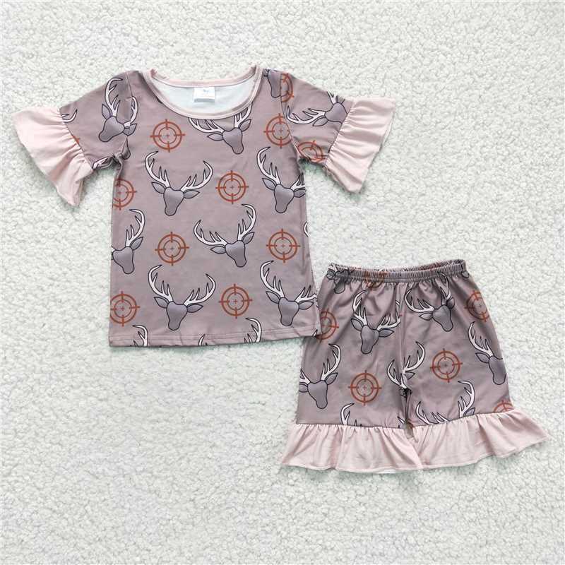 GSSO0138   Girls Bull Head Dark Coffee Short Sleeve Shorts Set