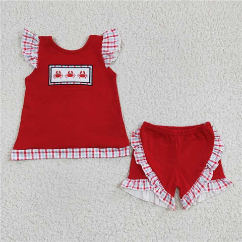 GSSO0142   Girls Embroidered Crab Red Flying Sleeve Shorts Set