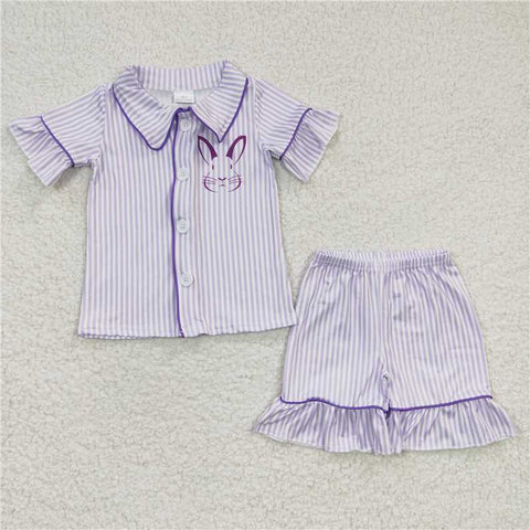 GSSO0144   Girls Bunny Purple Stripe Short Sleeve Shorts Set