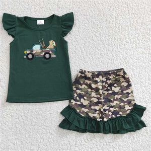 GSSO0145   Girls Embroidered Camouflage Car Dog Green Flying Sleeve Suit
