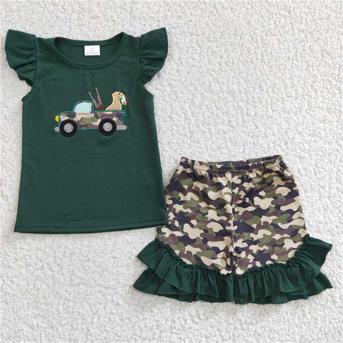 GSSO0145   Girls Embroidered Camouflage Car Dog Green Flying Sleeve Suit