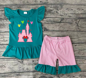 GSSO0151 Girls Embroidered Cartoon Castle Green Flying Sleeves Red